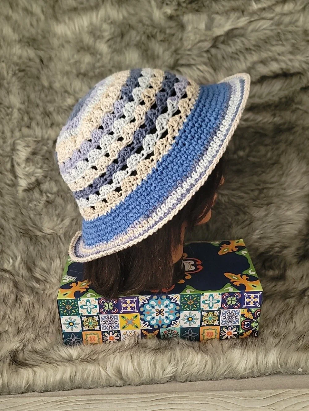 Handmade Crochet Bucket Hat in Blue and Cream - Women Accessories